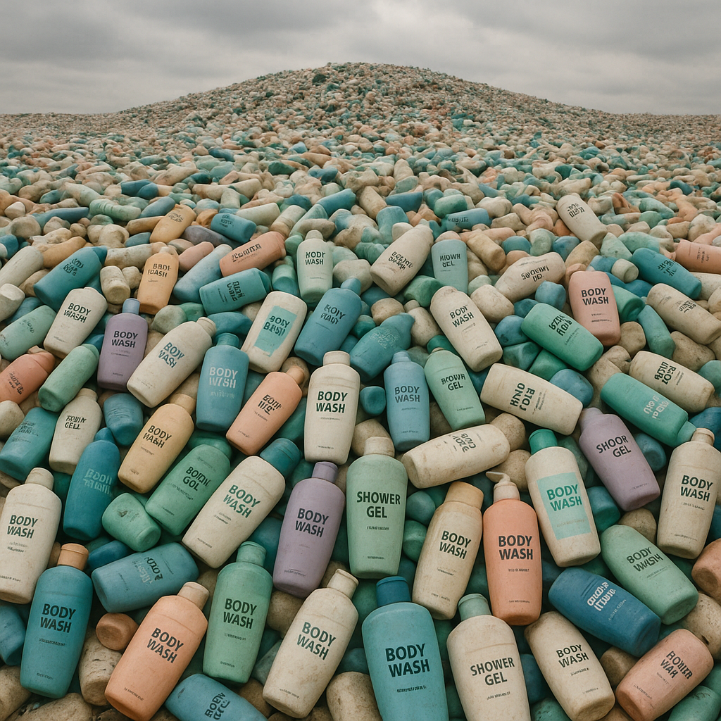 plastic body-wash bottles overflowing trash bin—contrast with bar soap