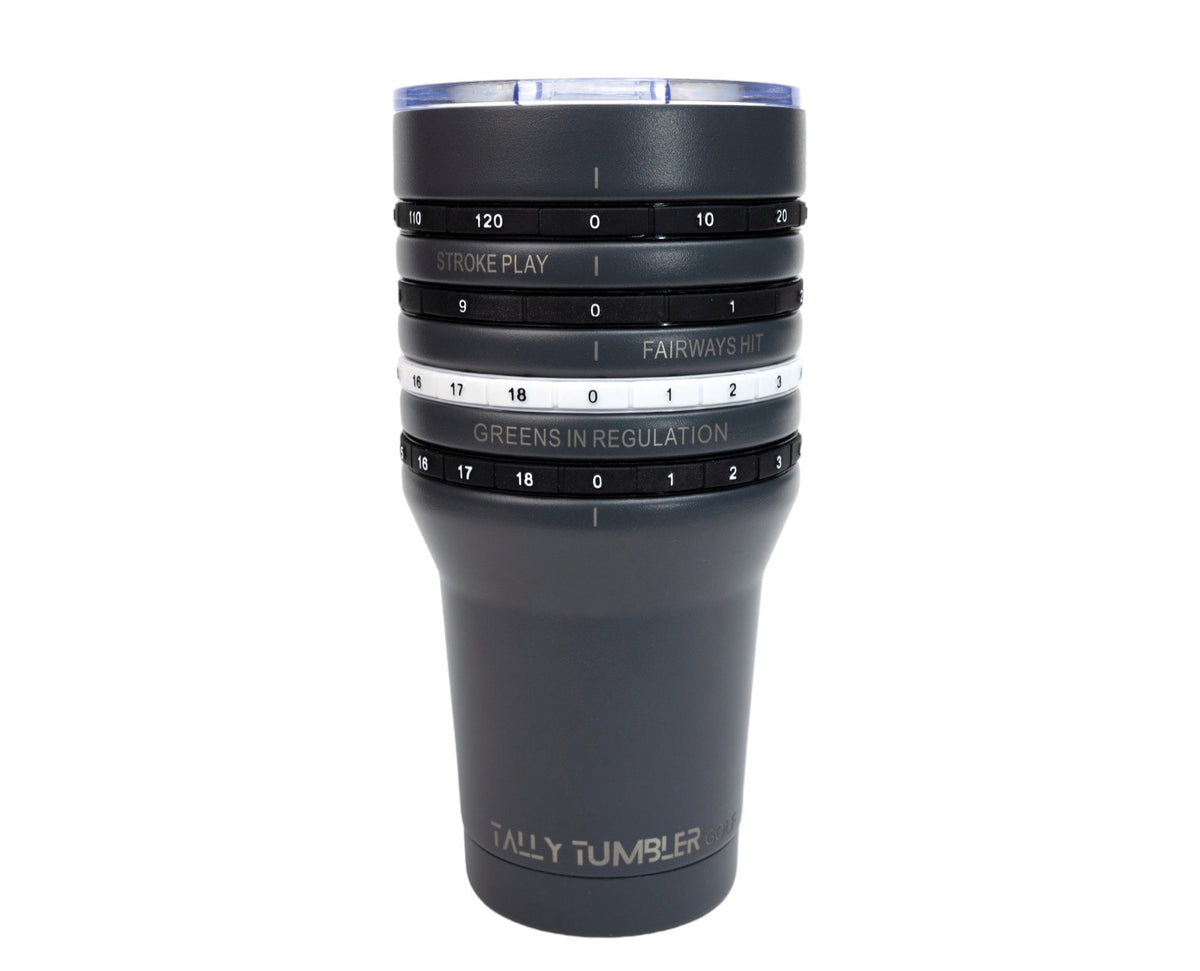 Grey tumbler with golf-themed measurements on a white background