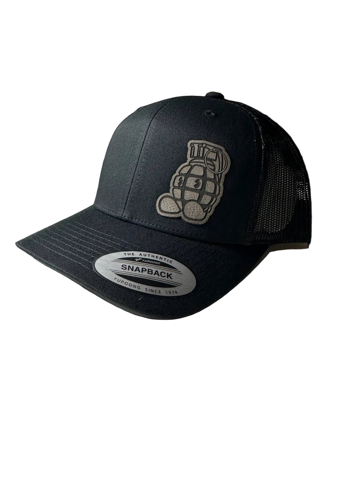 Black snapback cap with a grenade design on a white background