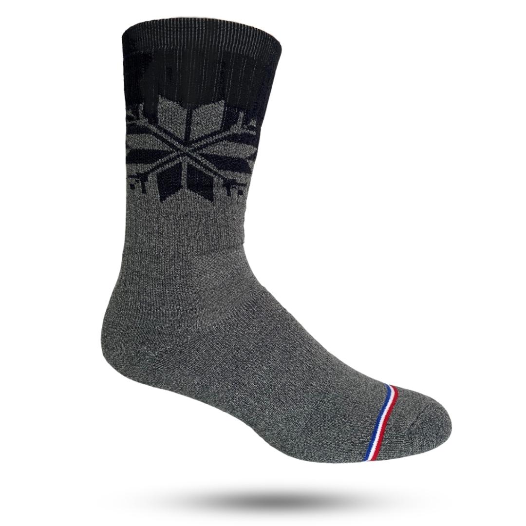 Crew socks in black and grey color with large snowflake