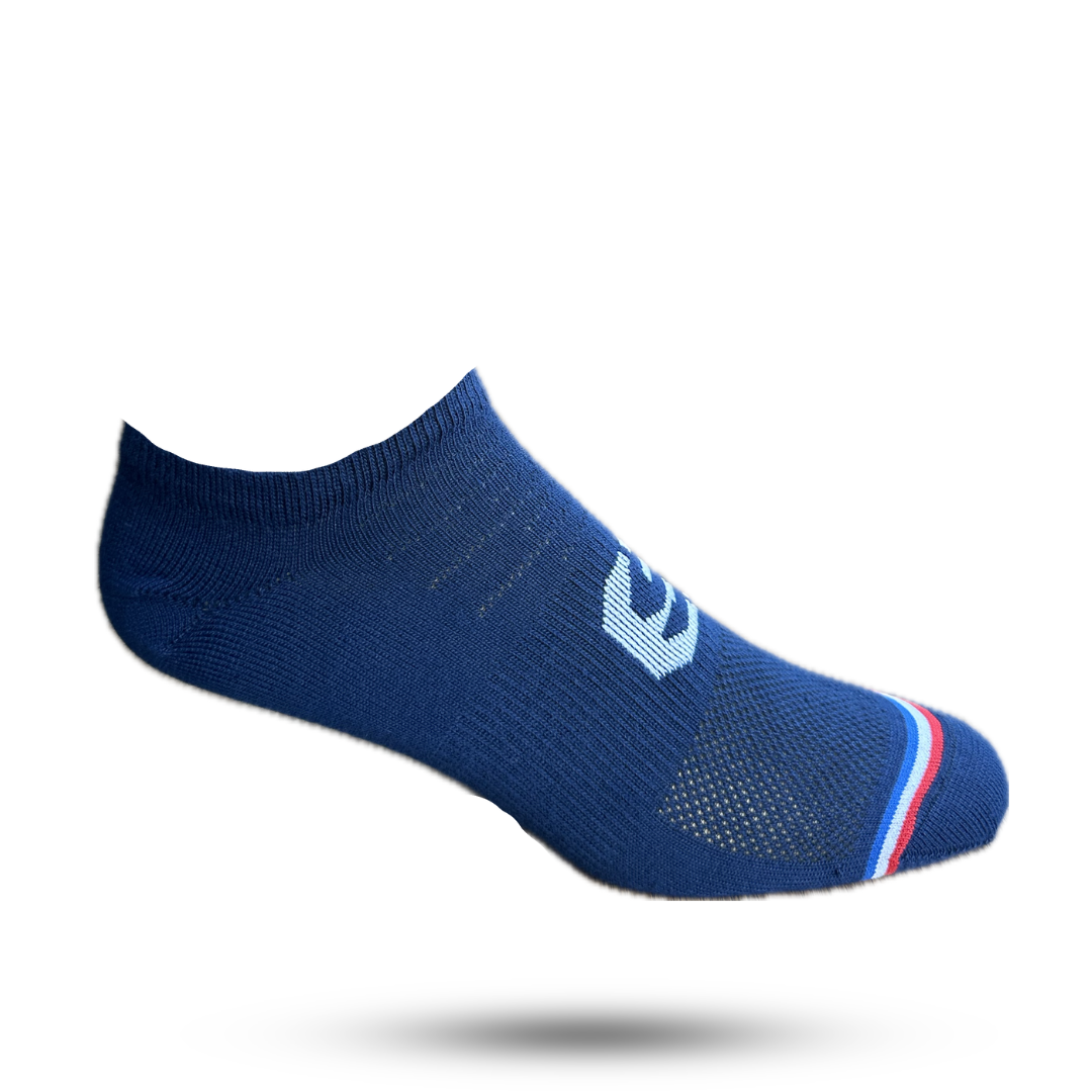 Blue no show sock with red white and blue stripe on toes