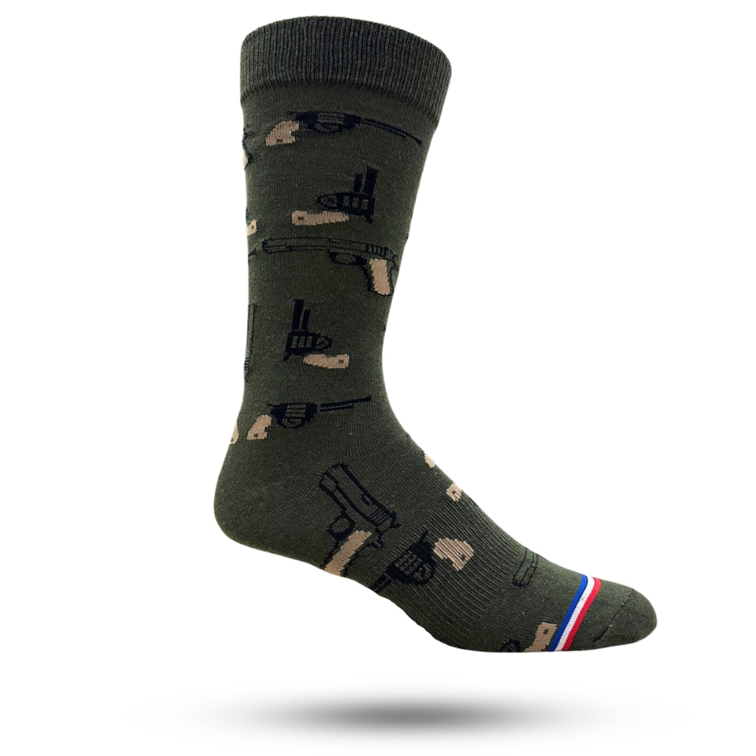 Crew socks in military green color and variety of gun images