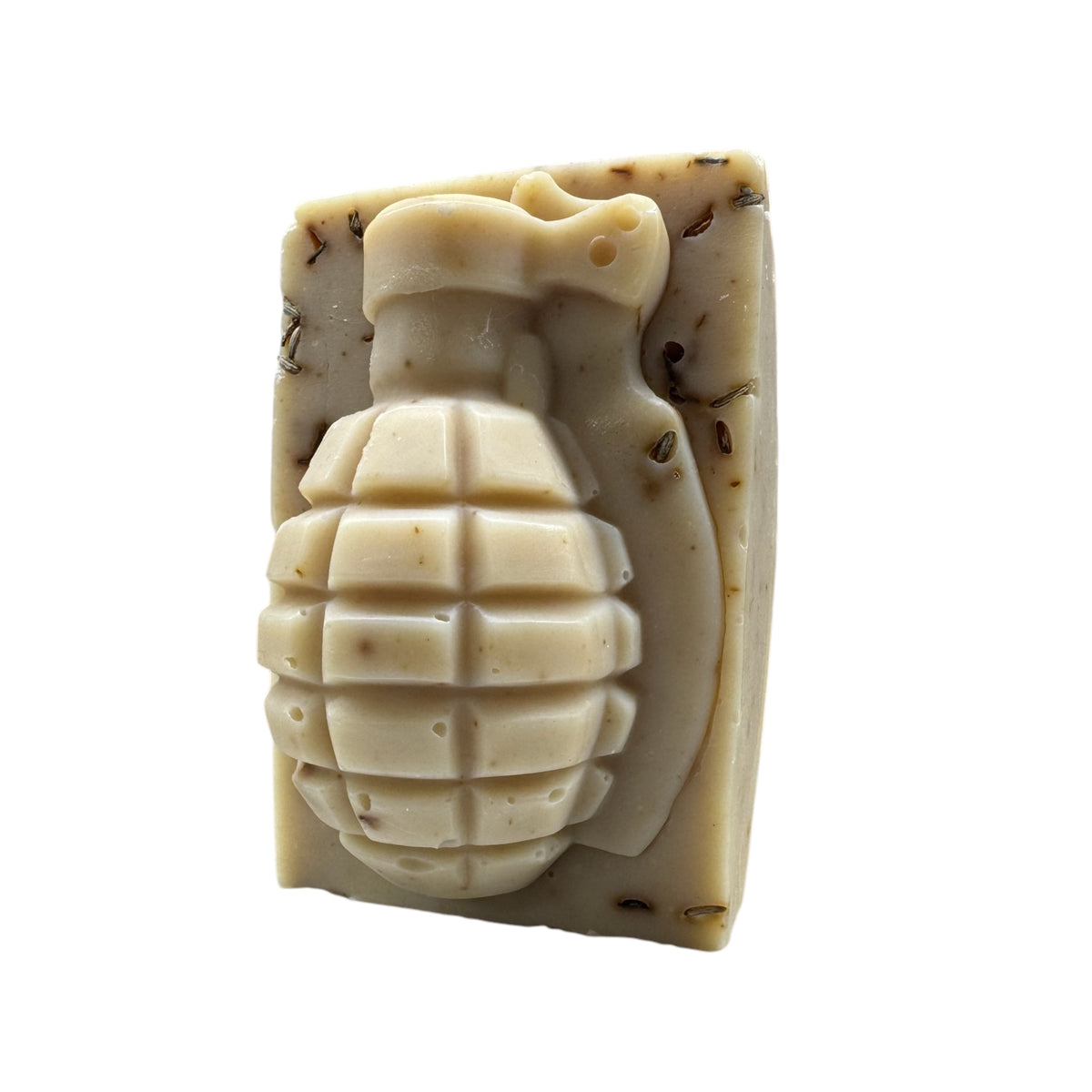 4th Battalion grenade soap bar with lavender petals and Roman chamomile, front view