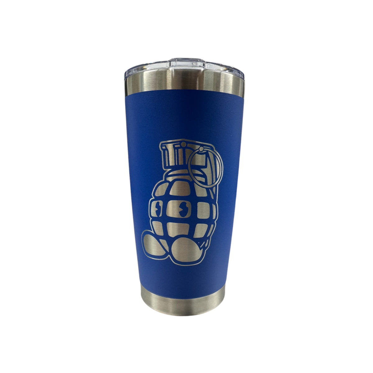 Blue Boomer 20 oz stainless steel tumbler with grenade design