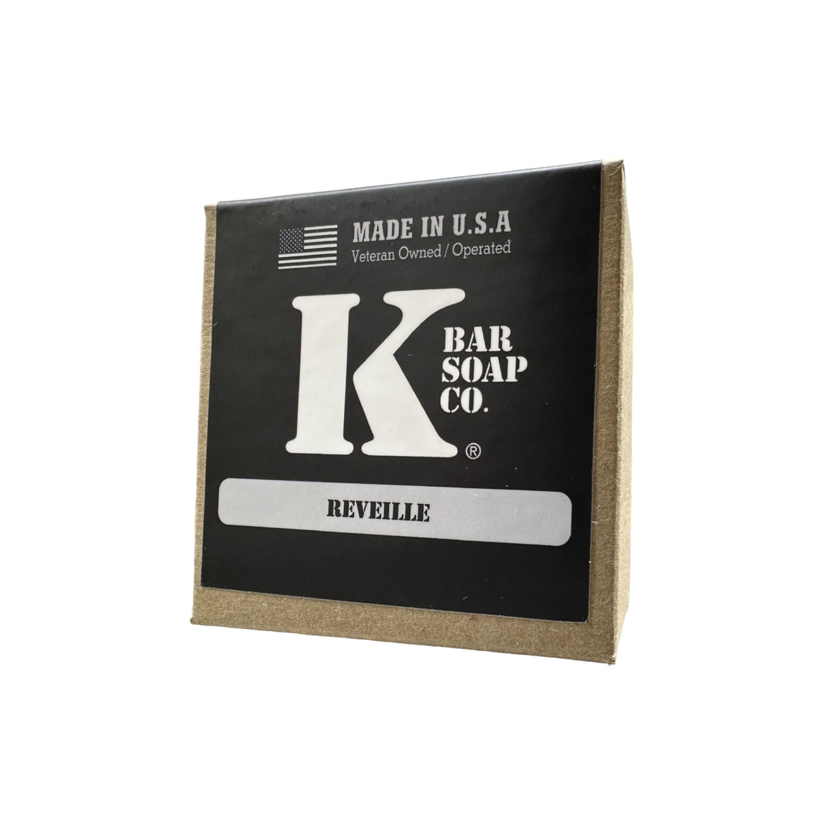 Reveille coffee natural bar soap in its K Bar box, front