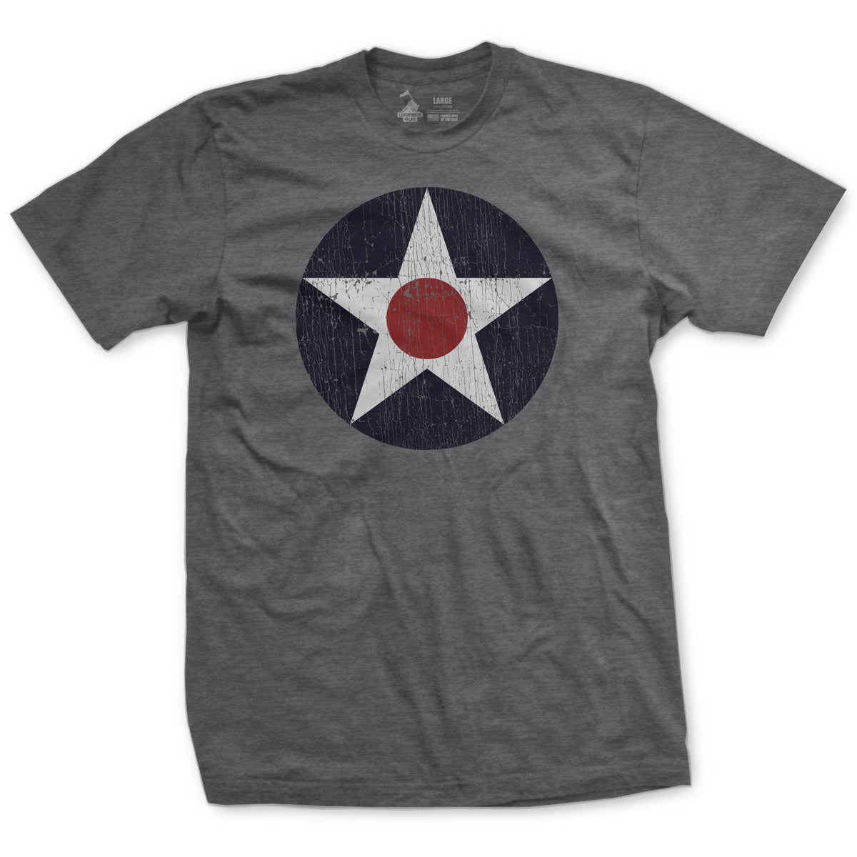 A heather grey t-shirt with a white roundel design and a red dot in the center, representing a World War 2 theme.