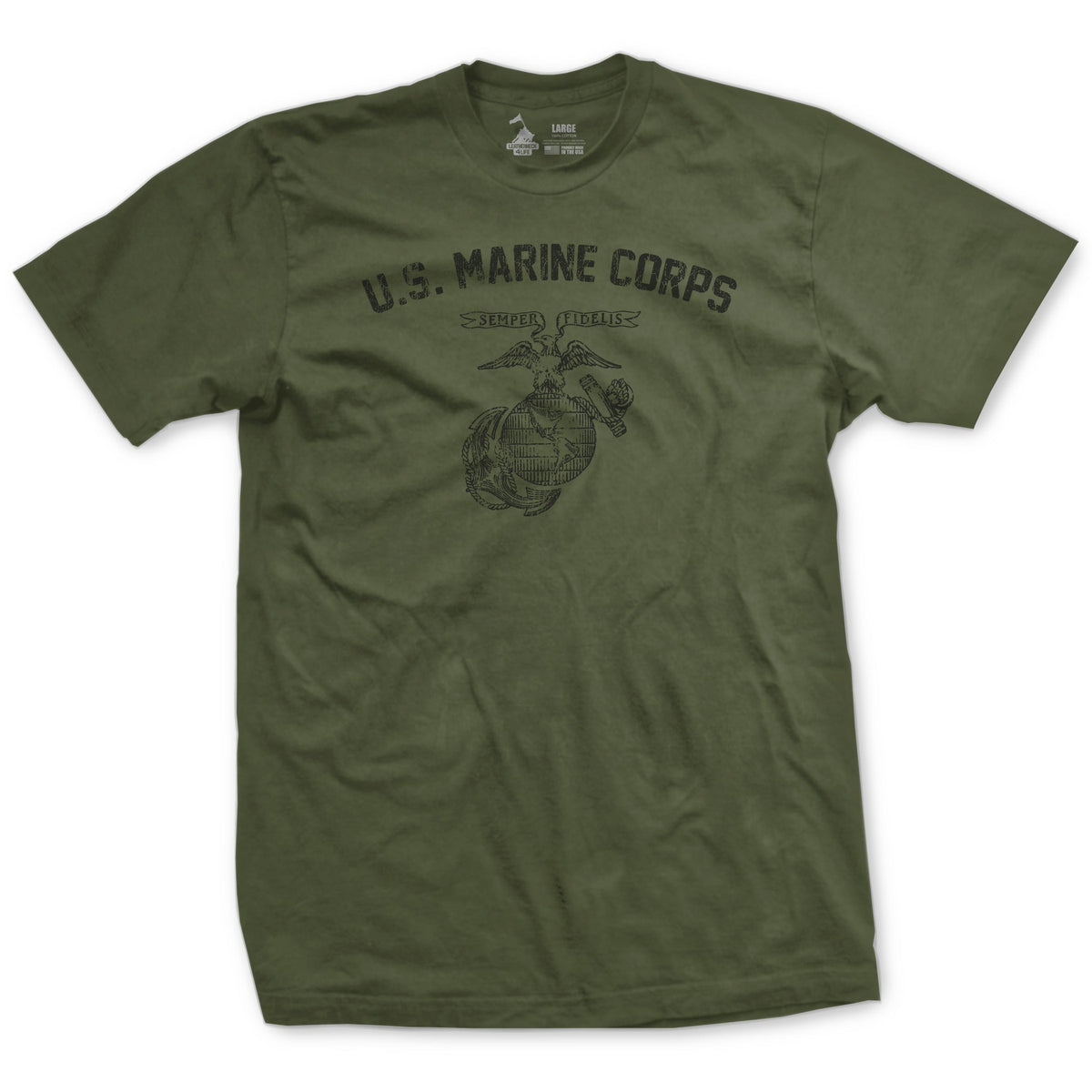 OD green T-shirt with a printed design that includes the text 'U.S. MARINE CORPS' and a graphic of a marine emblem.