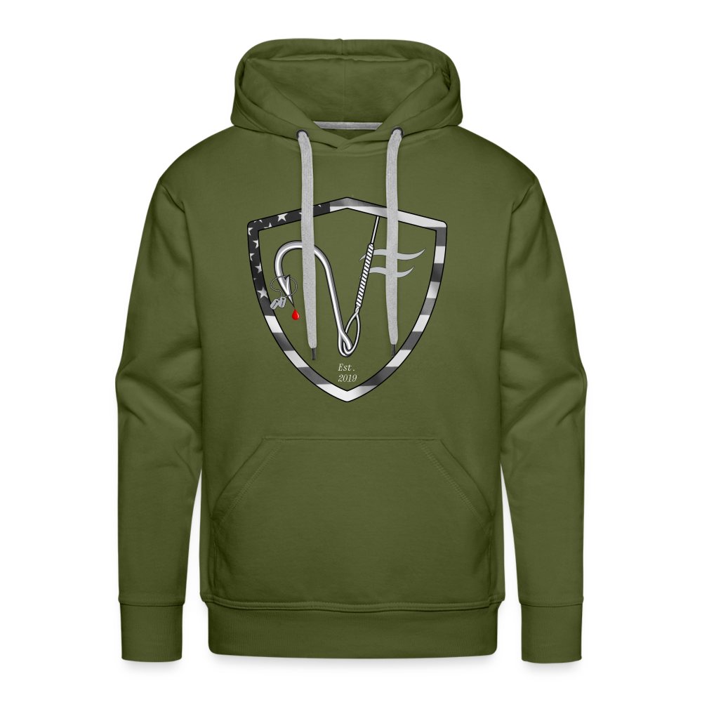 Green hoodie with a graphic of a fish and a shield on the front, featuring a hood and a drawstring.