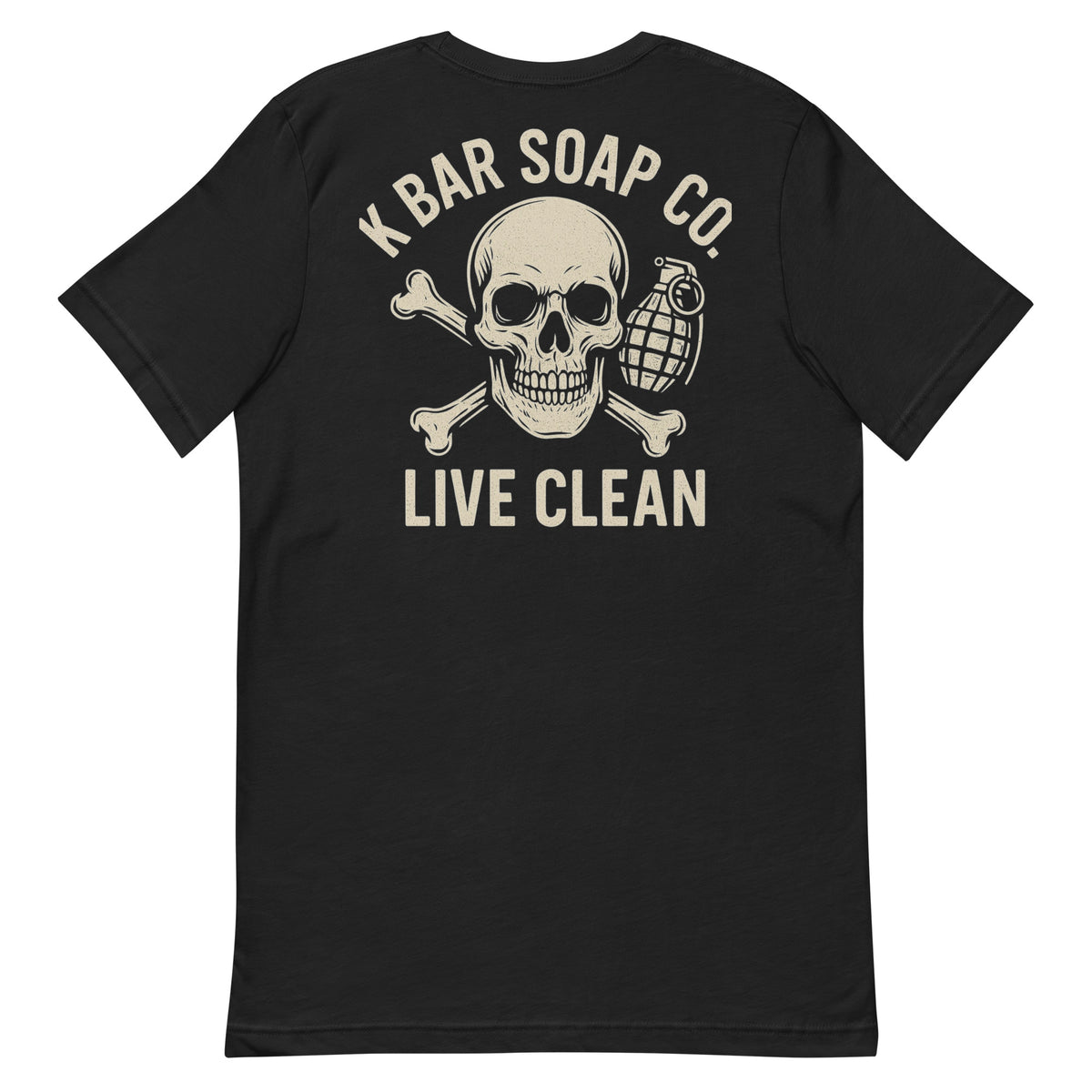 Black T-shirt with skull n bones and grenade with K bar soap company live clean