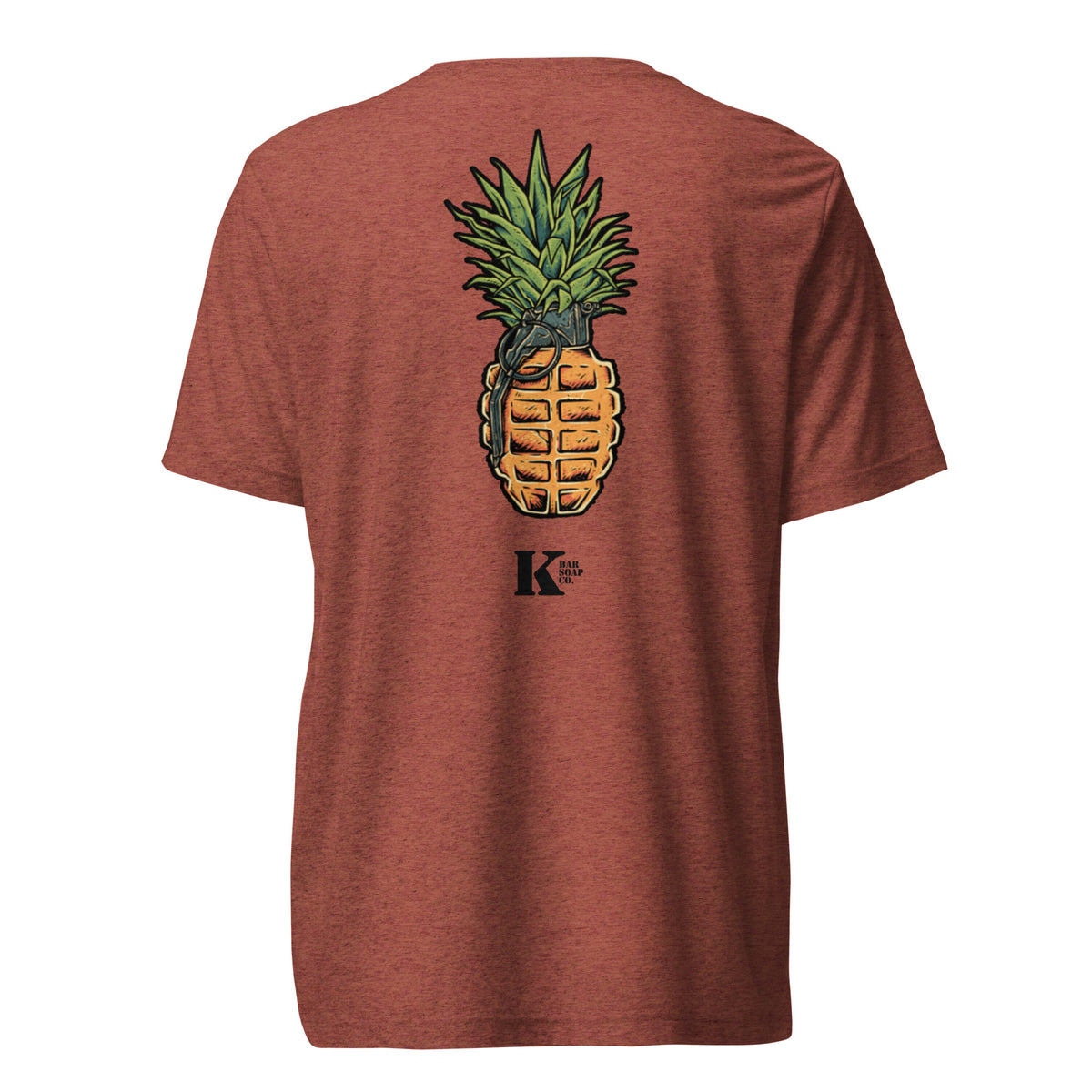 Clay red Pineapple Frag tri-blend t-shirt, back