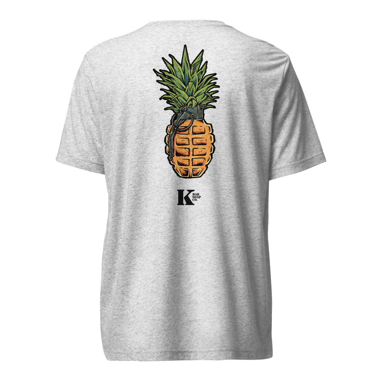 Heather white Pineapple Frag tri-blend t-shirt, back