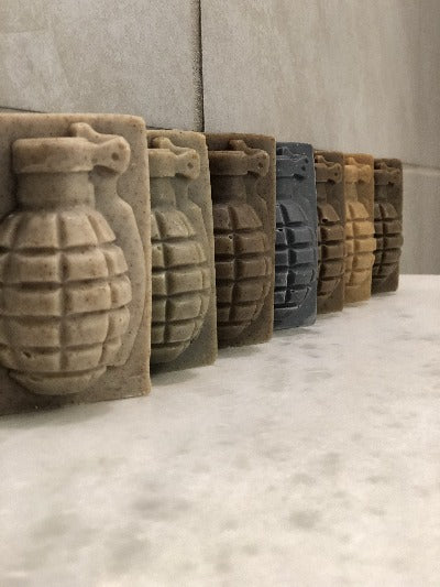 6 Grenade Soaps angled on shelf