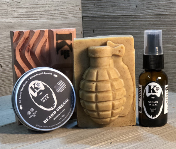 Soap dish, K Bar Beard Grease & Beard Oil, Grenade Soap on a wood background
