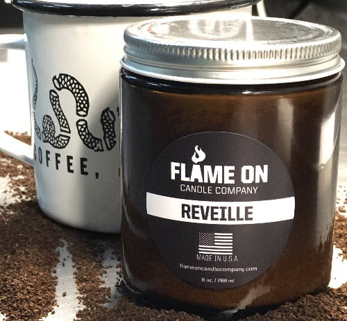 Flame On Reveille Candle and coffee cup