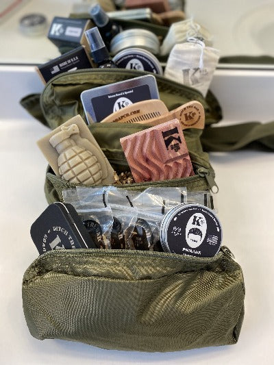 K Bar Toiletry Bag filled with K Bar products