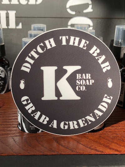 K Bar Soap Co round vinyl logo sticker, Ditch the Bar Grab a Grenade