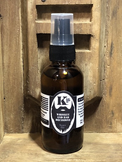 Whiskey & Bad Decisions Beard Oil with wood background