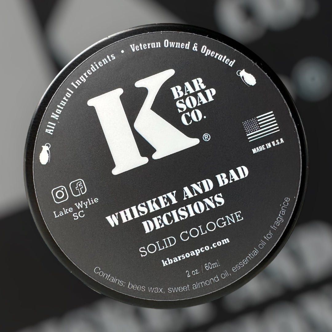 Whiskey & Bad Decisions Solid Cologne grooming product – spice, vanilla scent – K Bar Soap Co