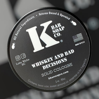 Whiskey & Bad Decisions Solid Cologne grooming product – spice, vanilla scent – K Bar Soap Co