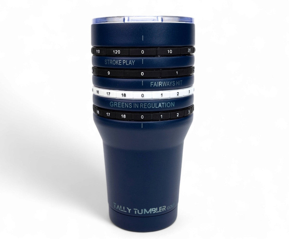 Navy blue tumbler with golf-themed measurements on a white background