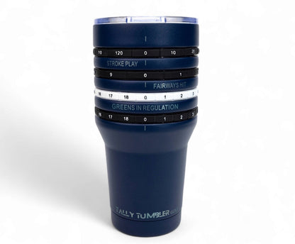 Navy blue tumbler with golf-themed measurements on a white background