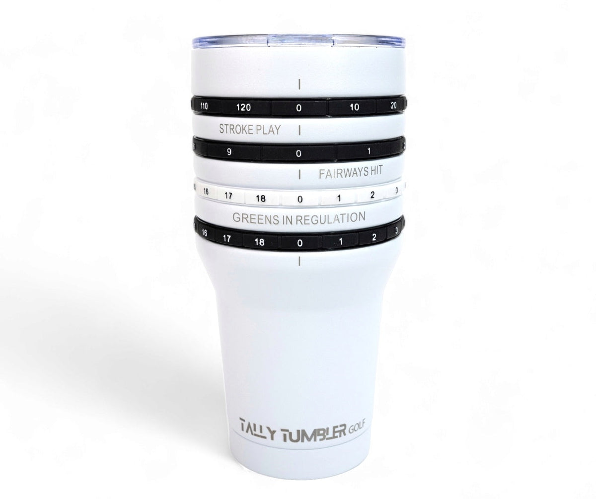 White tumbler with black measurement bands on a white background