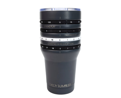 Grey tumbler with golf-themed measurements on a white background