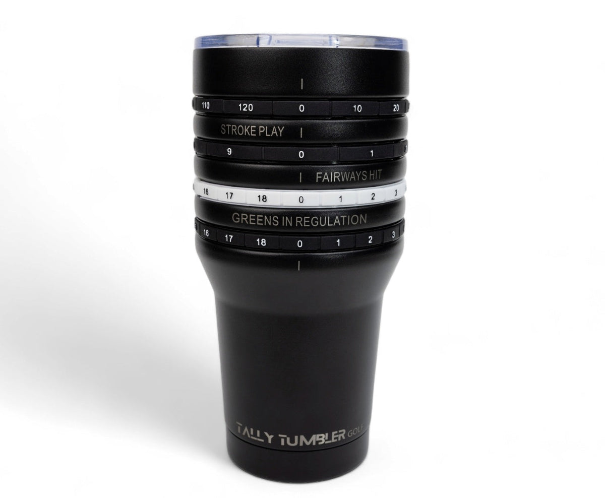Black tumbler with golf-themed text on a white background