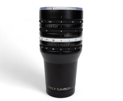 Black tumbler with golf-themed text on a white background