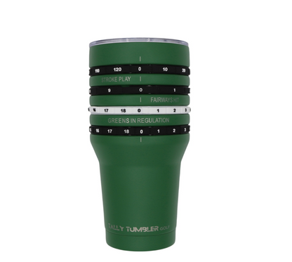 Green tumbler with golf-themed measurement bands on a white background