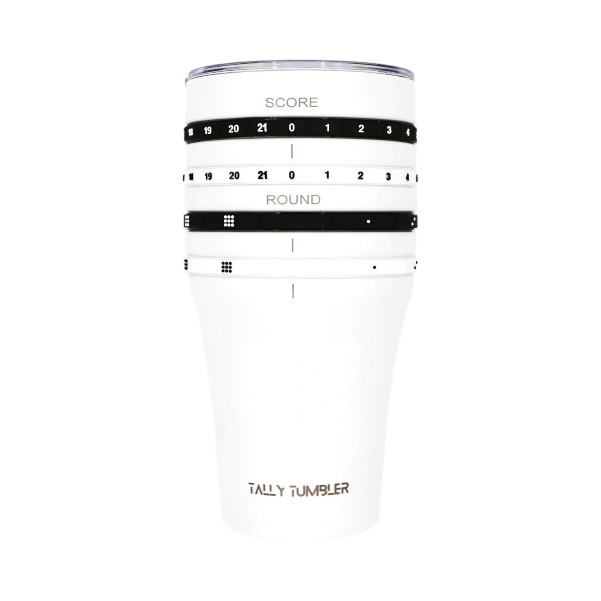 White tumbler with black markings and text on a white background