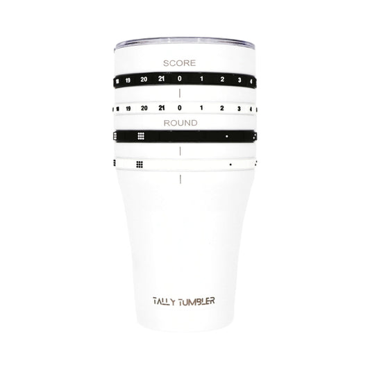 White tumbler with black markings and text on a white background