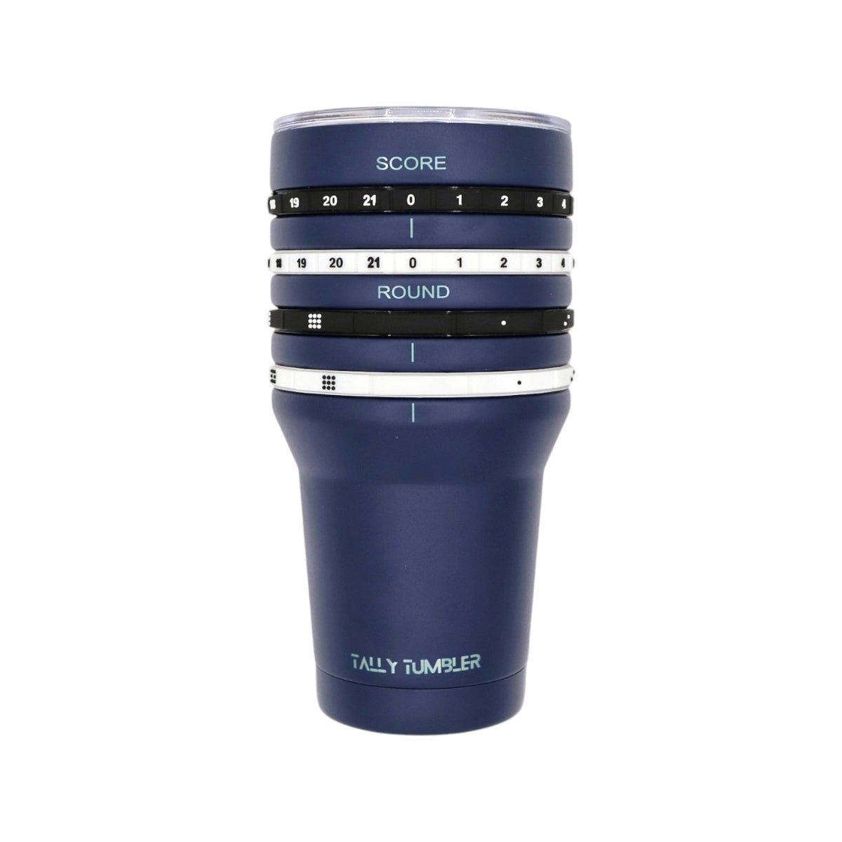 Navy blue tally tumbler with measurement bands on a white background