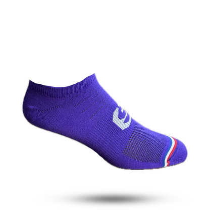 Purple no show sock with red white and blue stripe on toes