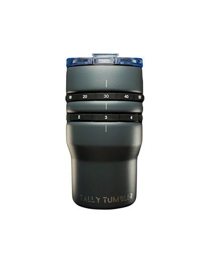 Charcoal colored tally tumbler with blue lid on a white background