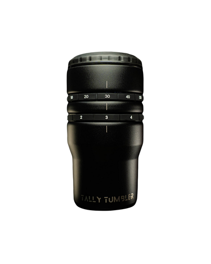 Black tumbler with measurement markings on a white background