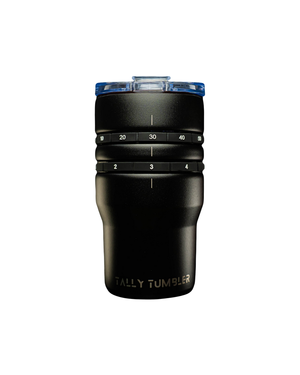 Black tally tumbler with blue lid on a white background
