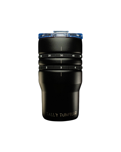 Black tally tumbler with blue lid on a white background