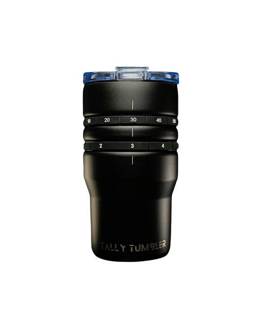 Black tally tumbler with blue lid on a white background