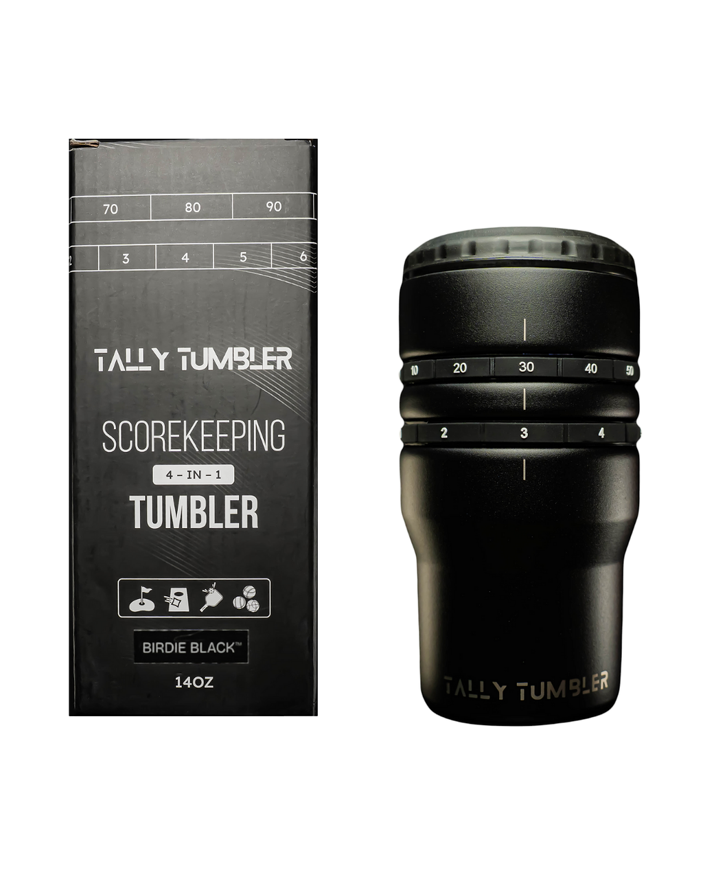 Black tally tumbler with measurement markings next to its packaging on a white background