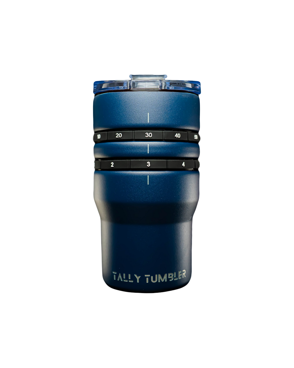 Blue tally tumbler with measurement markings on a white background