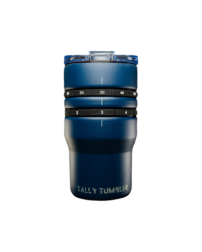 Blue tally tumbler with measurement markings on a white background