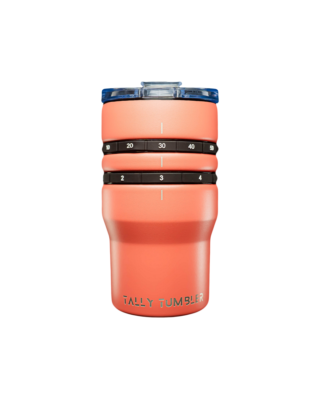 Coral-colored tumbler with measurement bands on a white background