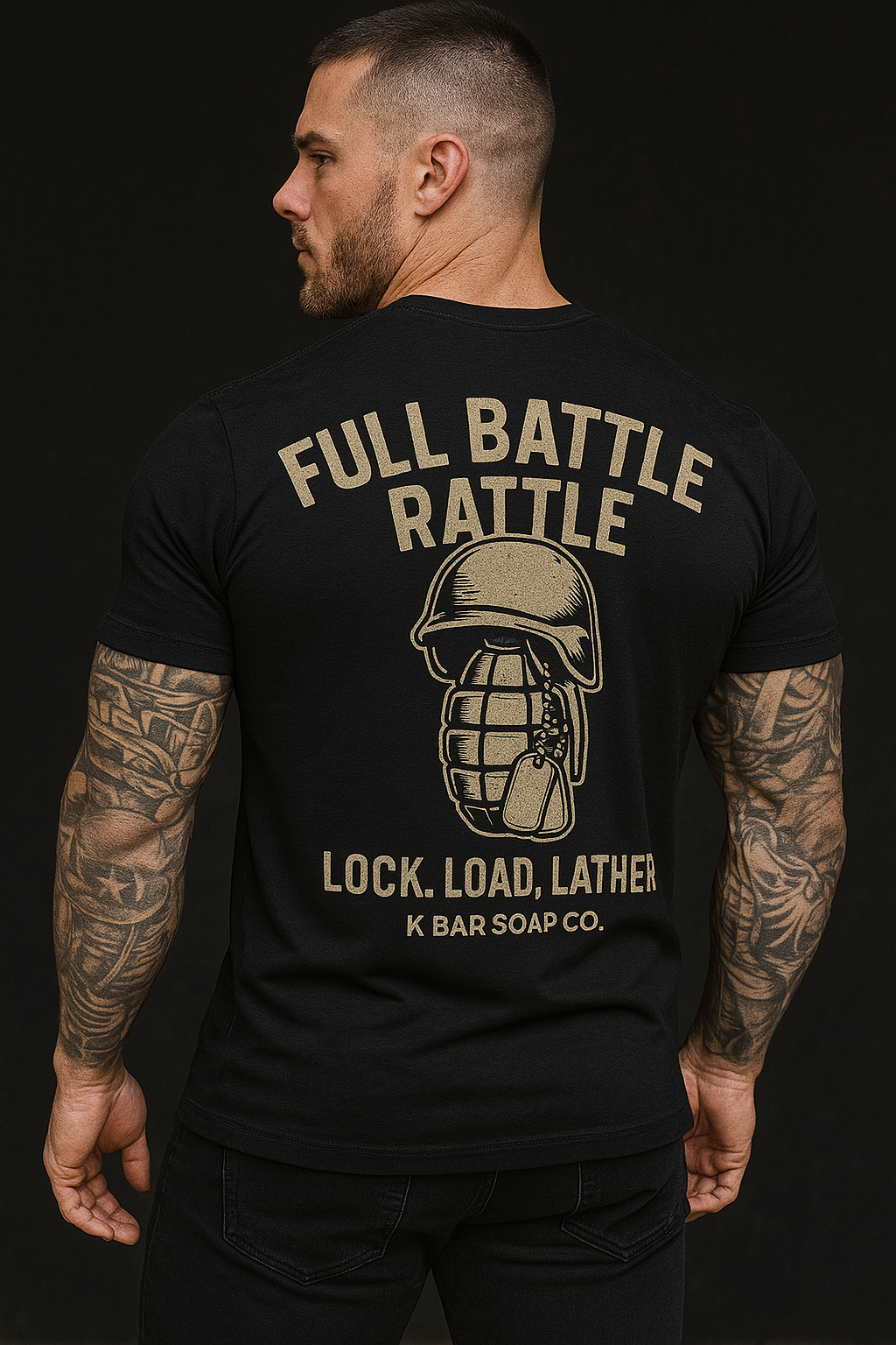 A person wearing a black t-shirt with 'FULL BATTLE RATTLE' text and a graphic of a helmet and grenade.