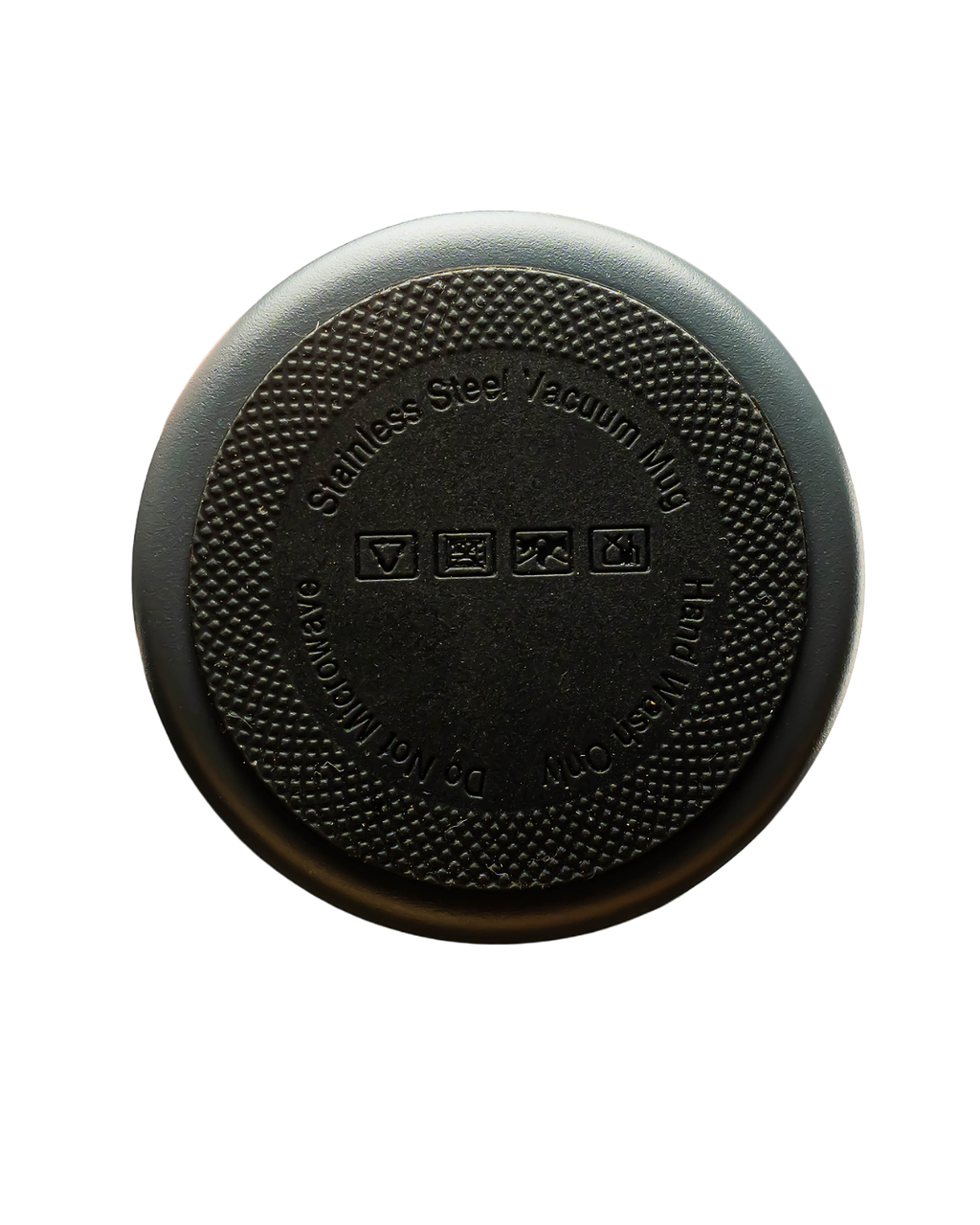 Black metal cap with text on a white background