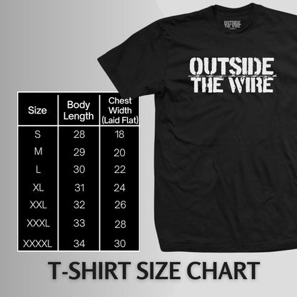 T-shirt size chart with black t-shirt that says 'OUTSIDE THE WIRE'