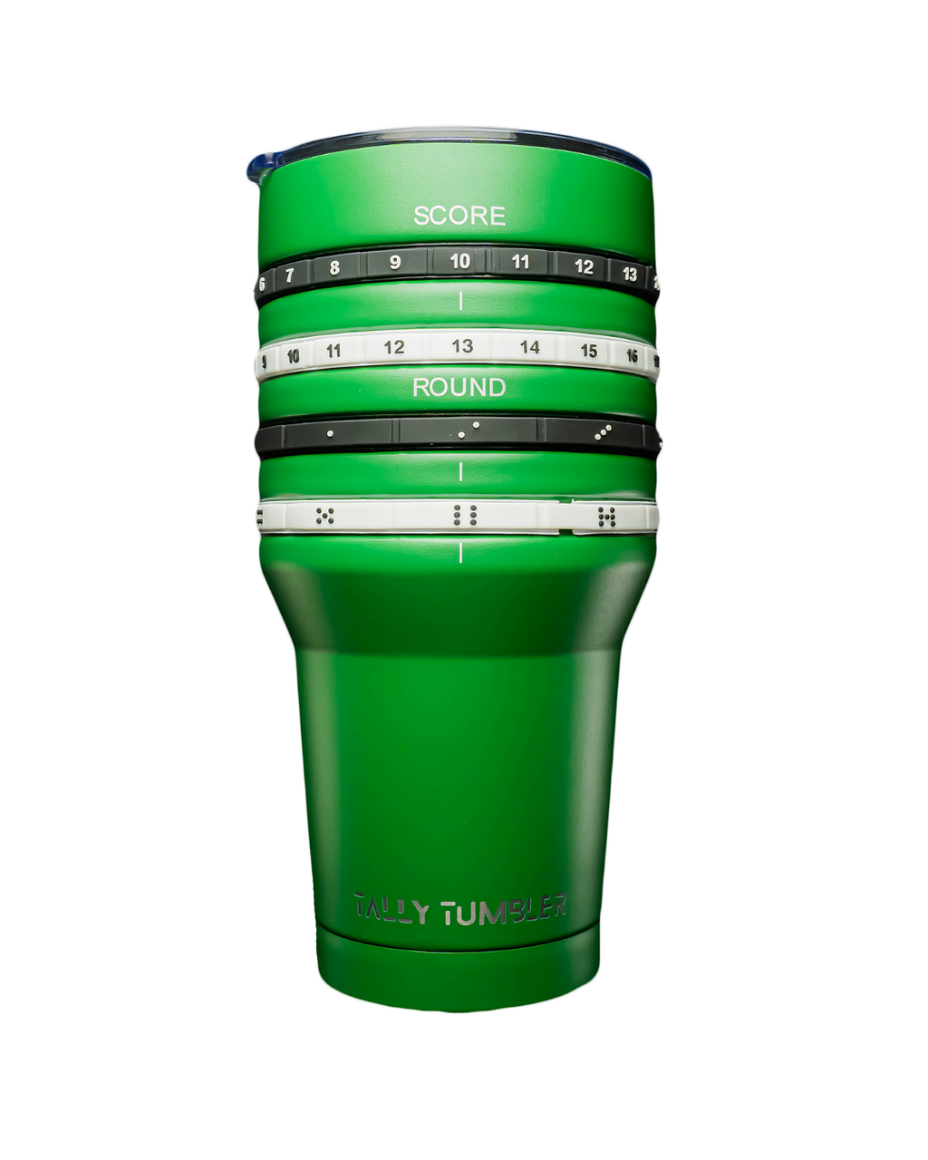 Green tumbler with golf-themed design on a white background