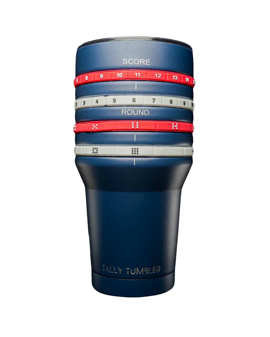 Blue tally tumbler with red and white bands on a white background