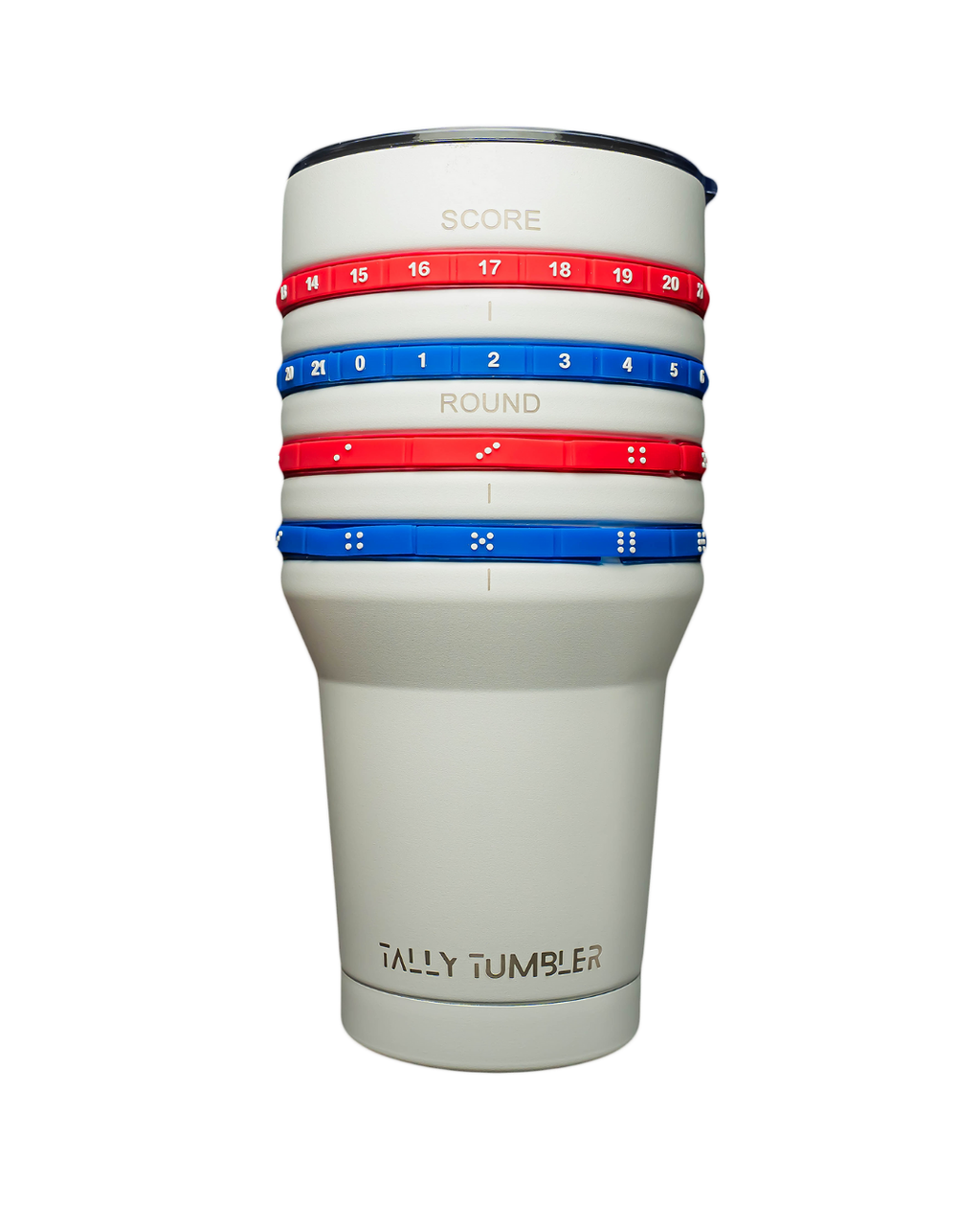 Tally Tumbler with red and blue bands on a white background