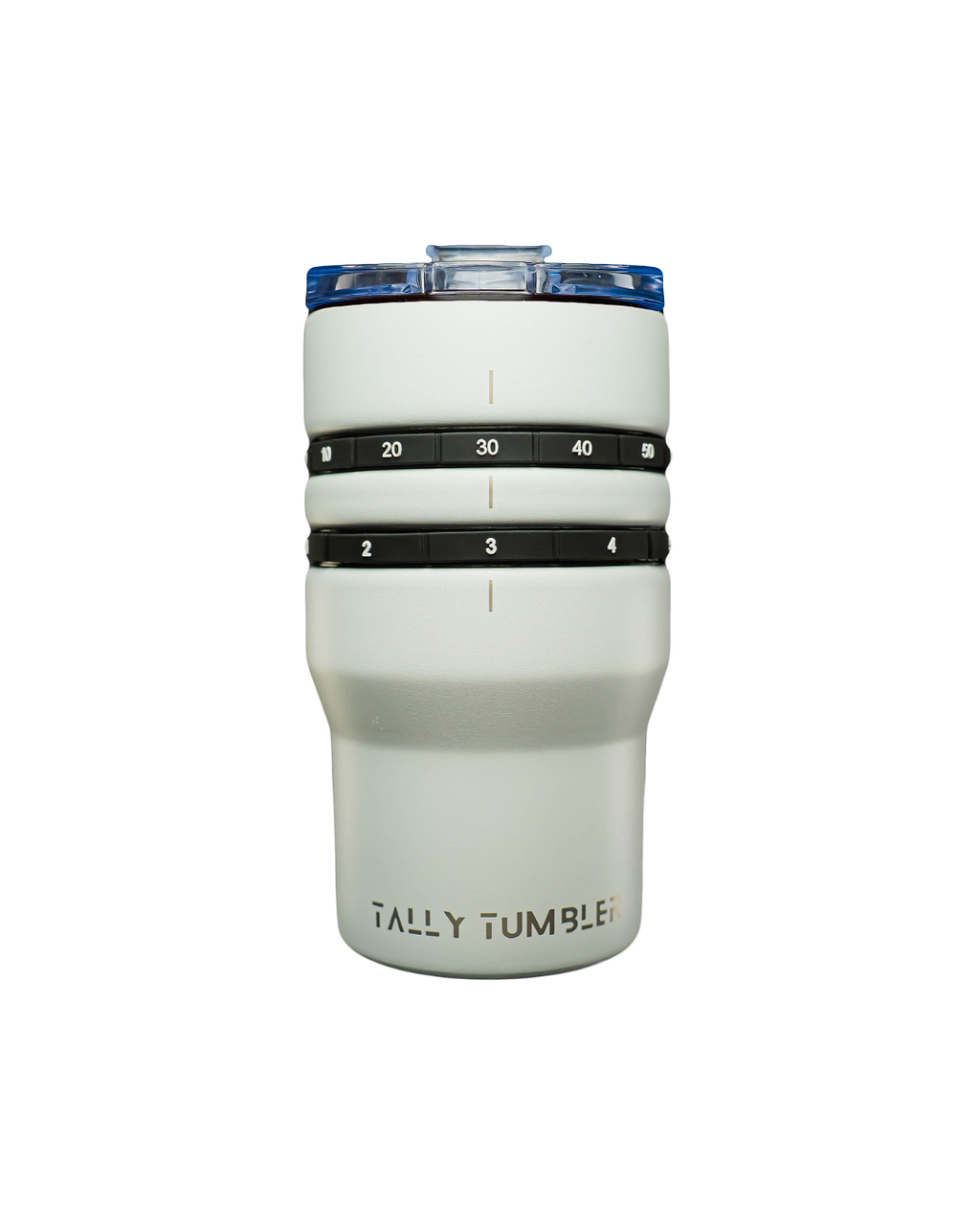 White tumbler with measurement markings on a white background